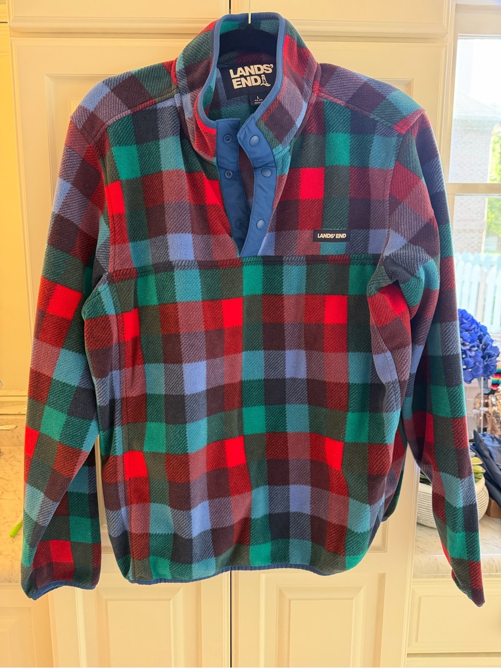 Lands' End Red, Green and Navy Plaid Fleece Pullover